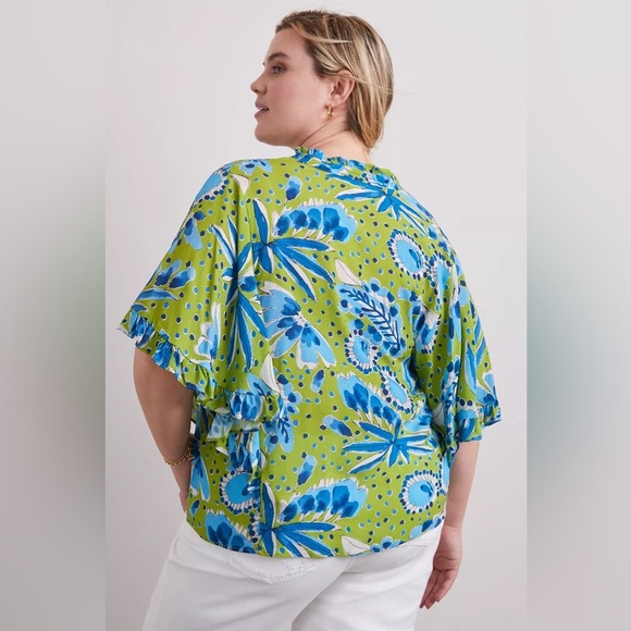 Anthropologie Green and Blue Vera Valley Flutter Short Sleeve Button Up Blouse - Picture 9 of 15
